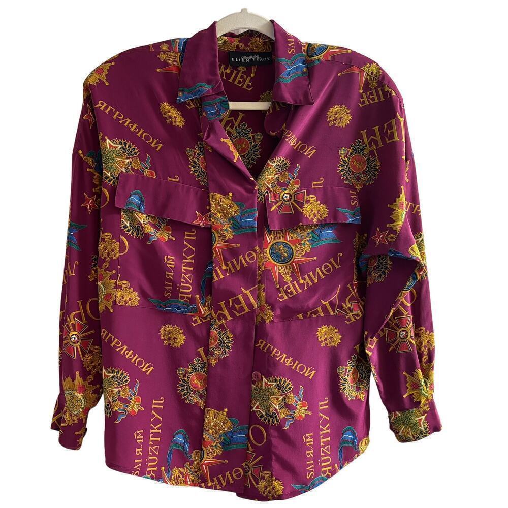Vintage Ellen Tracy Women's Silk Blouse Dream Rich Abstract Art-To-Wear Size 2P